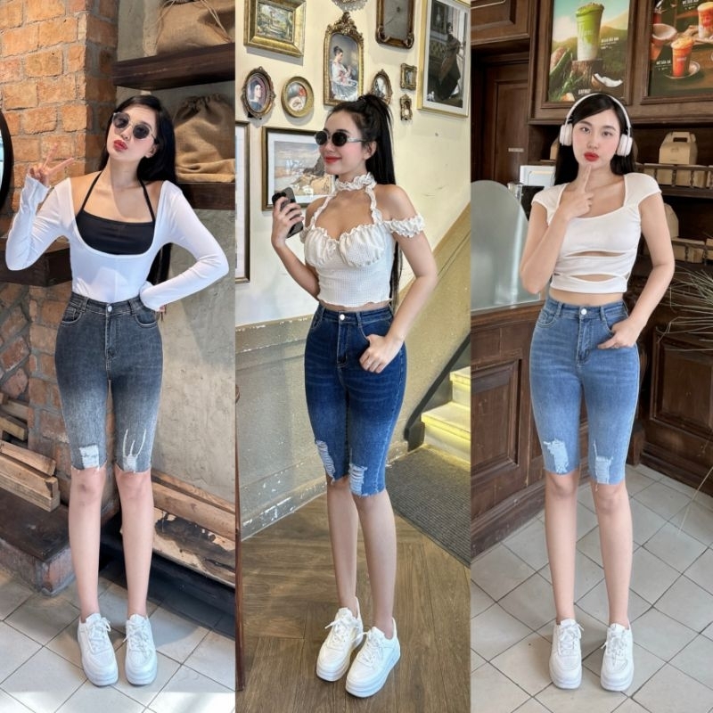 Quần Jeans Nữ Dáng Ôm From Ngố Ngắn Trên Gối Lưng Cao Có Giãn ( Nhiều Mẫu Hót )