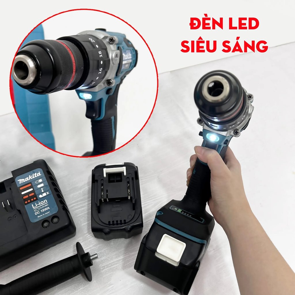 Máy Khoan Pin Makita Không chổi than - Có búa - Khoan 3 chức năng 13mm - Khoan Pin Makita 199V