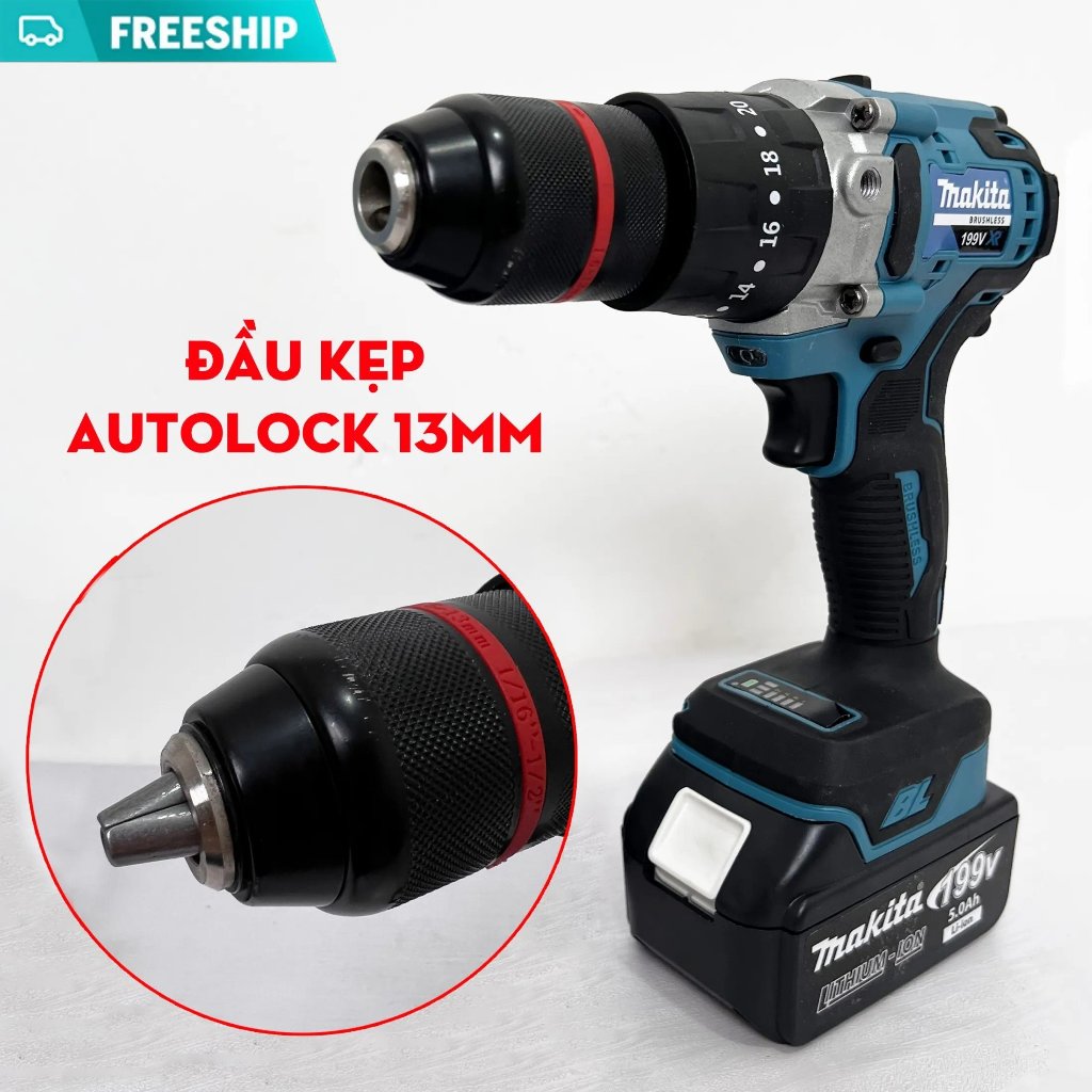 Máy Khoan Pin Makita Không chổi than - Có búa - Khoan 3 chức năng 13mm - Khoan Pin Makita 199V