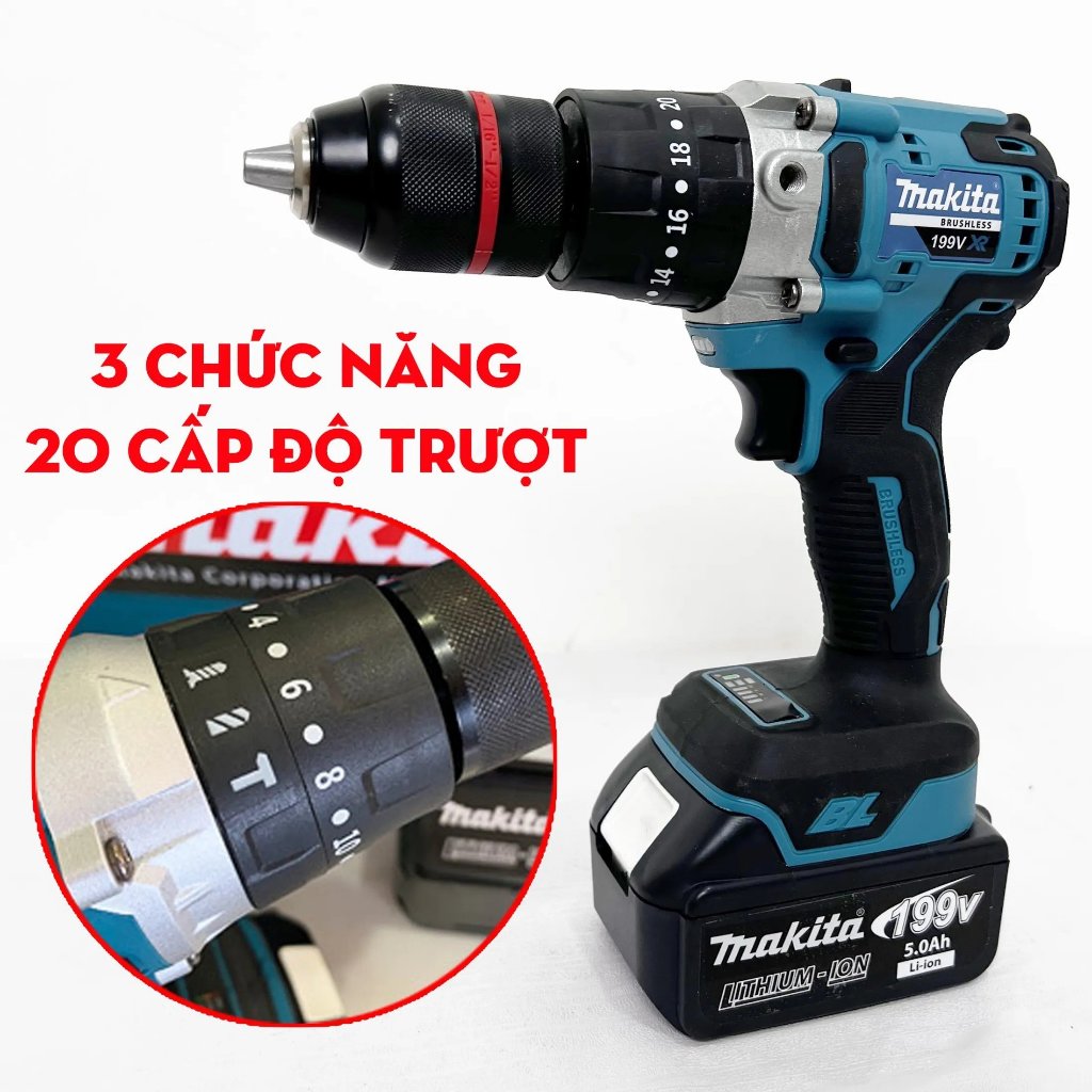 Máy Khoan Pin Makita Không chổi than - Có búa - Khoan 3 chức năng 13mm - Khoan Pin Makita 199V