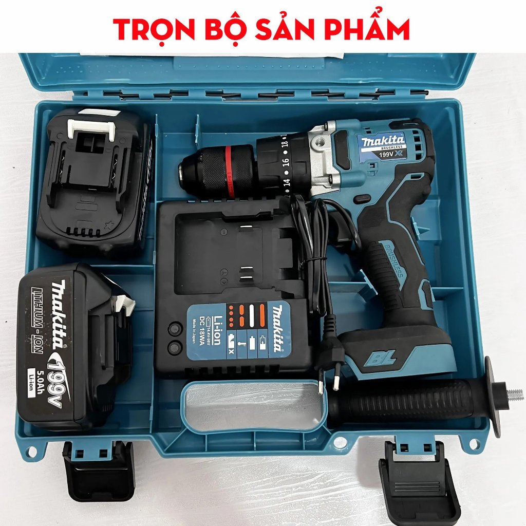 Máy Khoan Pin Makita Không chổi than - Có búa - Khoan 3 chức năng 13mm - Khoan Pin Makita 199V