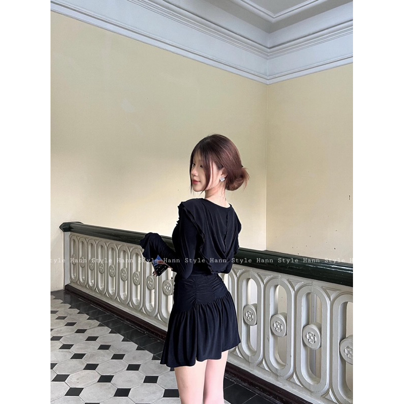 SET ÁO MŨ BÈO TAY LOE VÀ CHÂN VÁY NHÚNG