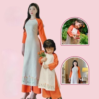Áo dài cách tân mẹ và bé hoa nhí màu cam phối chất liệu linen cao cấp - VMAD01