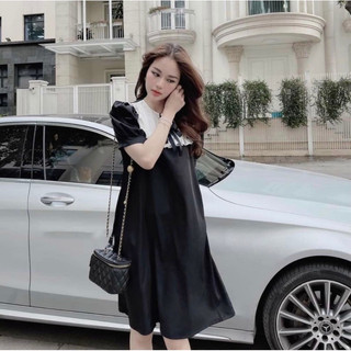 Váy bầu cộc tay sang chảnh nơ ngực phối sơ mi trắng V51