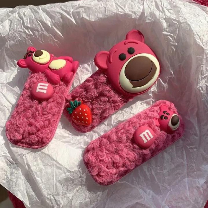 Kẹp tóc mái lông cừu giả hoạt hình màu hồng gấu lotso đáng yêu, kẹp tóc hottrend mới 2023.
