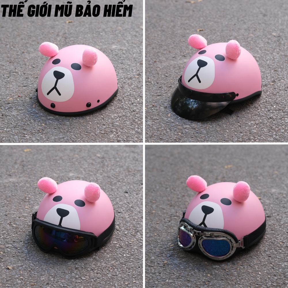 Mũ bảo hiểm hình gấu dâu,Nón bảo hiểm kết in hình gấu dâu có khoét tóc cute kèm kính thời trang ngộ nghĩnh đáng yêu