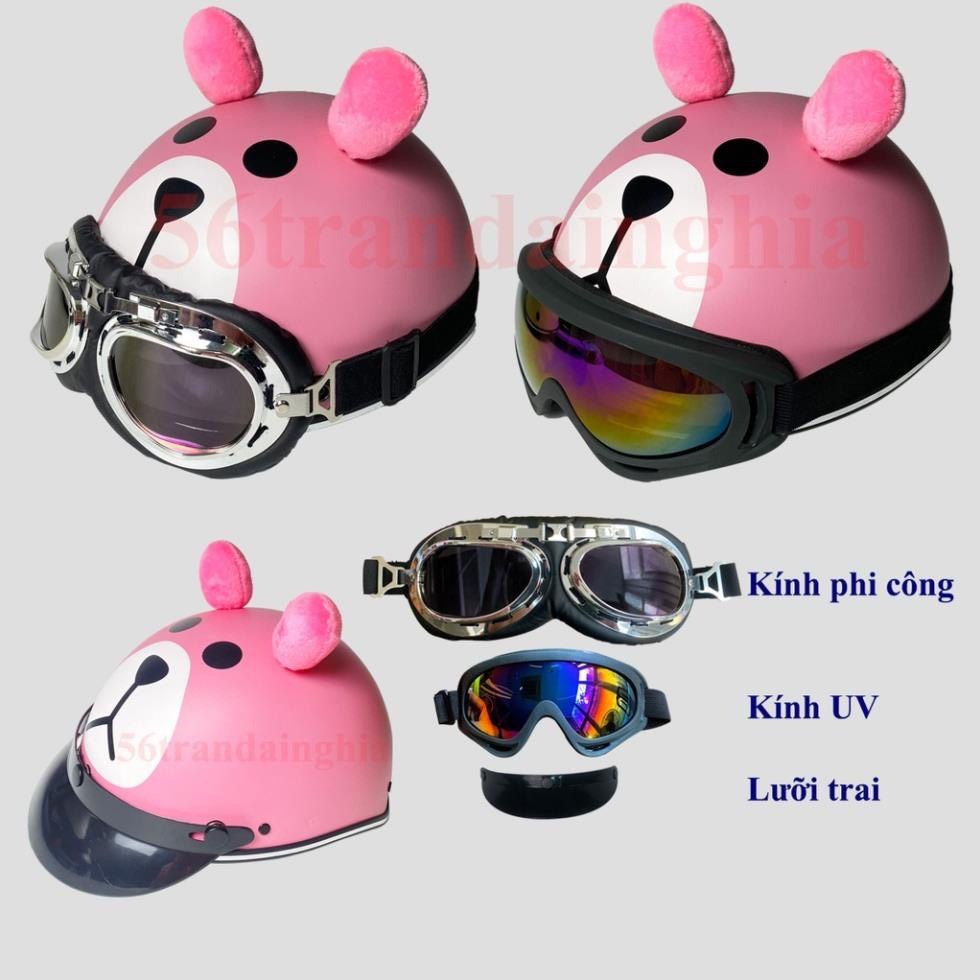 Mũ bảo hiểm hình gấu dâu,Nón bảo hiểm kết in hình gấu dâu có khoét tóc cute kèm kính thời trang ngộ nghĩnh đáng yêu