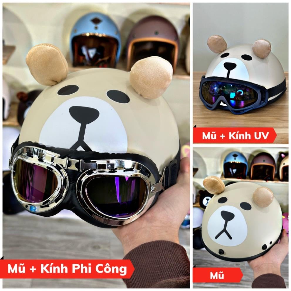 Mũ bảo hiểm hình gấu dâu,Nón bảo hiểm kết in hình gấu dâu có khoét tóc cute kèm kính thời trang ngộ nghĩnh đáng yêu
