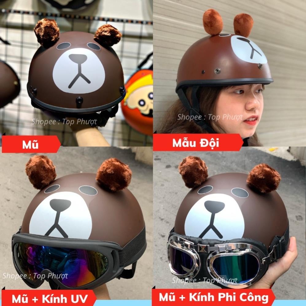 Mũ bảo hiểm hình gấu dâu,Nón bảo hiểm kết in hình gấu dâu có khoét tóc cute kèm kính thời trang ngộ nghĩnh đáng yêu