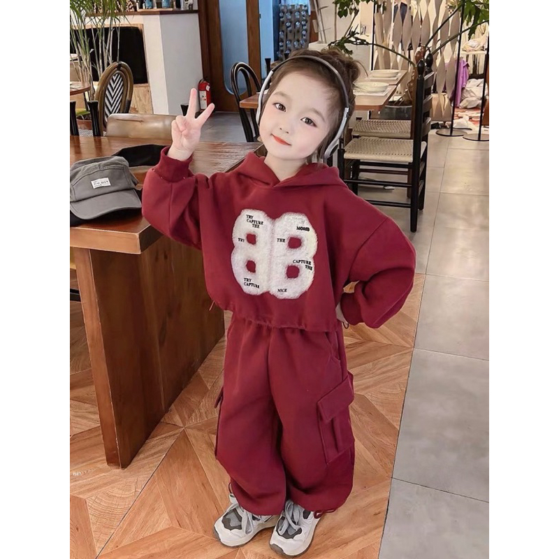 Bộ thu đông bé gái, set bộ nỉ áo Hoodie chữ BB kèm quần túi hộp cho bé 12-30kg