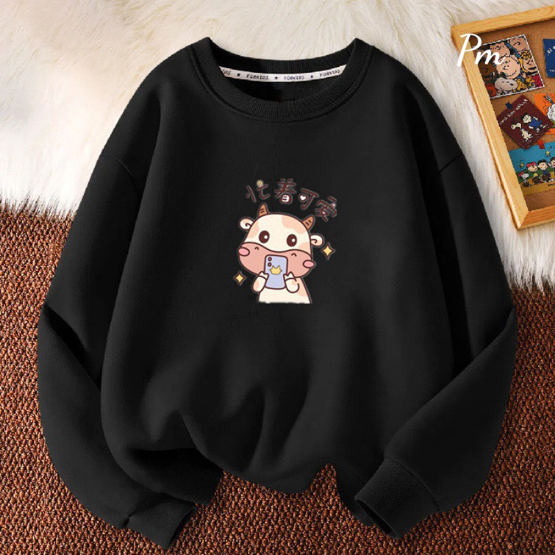 Áo nỉ bo họa tiết bò dễ thương chất nỉ lót bông tay bồng