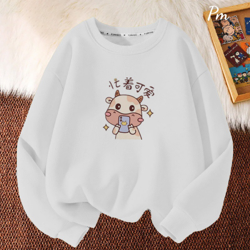 Áo nỉ bo họa tiết bò dễ thương chất nỉ lót bông tay bồng