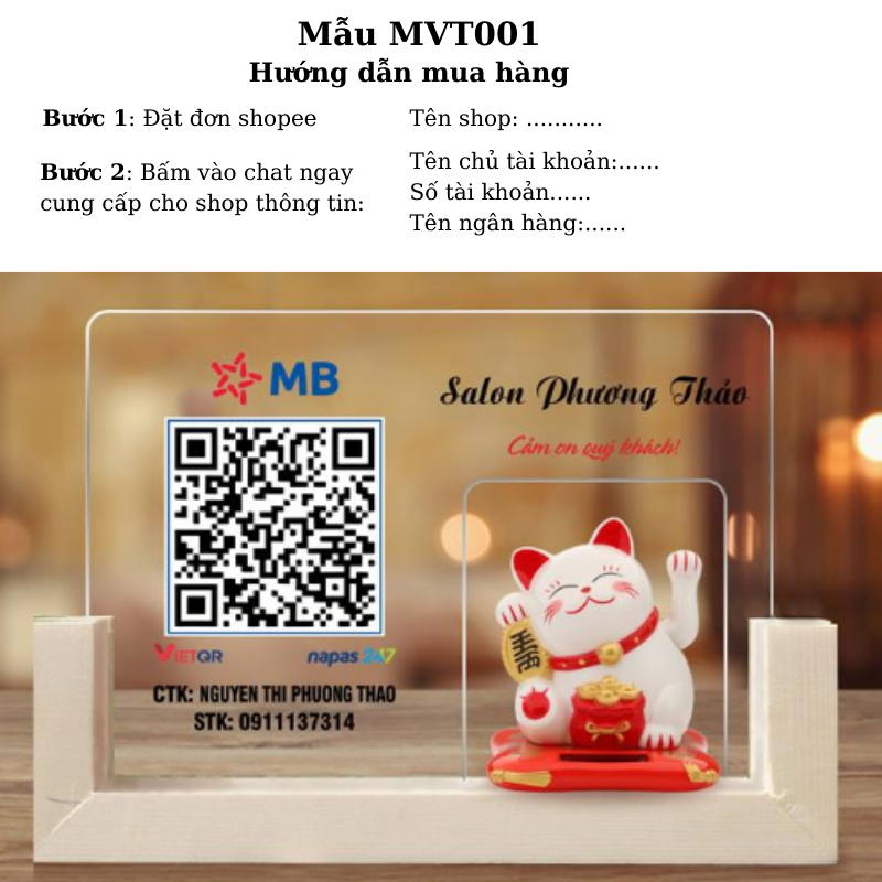 Bảng Quét mã QR ngân hàng in theo yêu cầu, để bàn mèo thần tài vẫy tay chất liệu mica bền đẹp