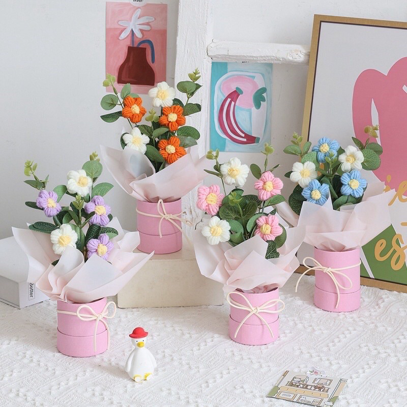 Quà Tặng, Quà Lưu Niệm Bó Hoa Len Vĩnh Cửu Kèm Đèn Led dễ thương