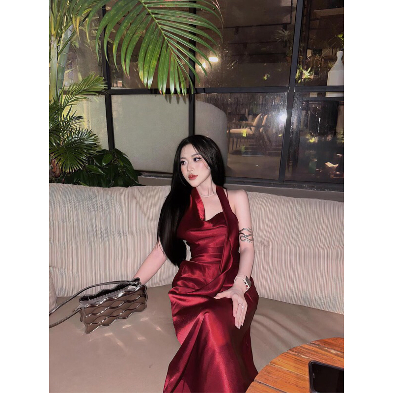 Đầm Lụa Cổ Đổ Dự Tiệc Đuôi Cá Hở Lưng Cao Cấp - Váy Lụa Cổ Đổ Hở Lưng Dáng Dài Tôn Dáng Sang Chảnh