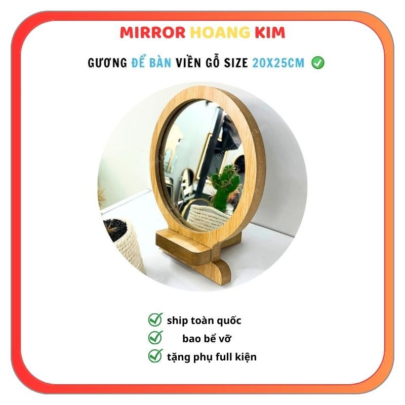 Gương trang điểm để bàn, Gương tròn viền gỗ decor trang trí phòng đường kính 20cm tặng đế để bàn guonghoangkim.official