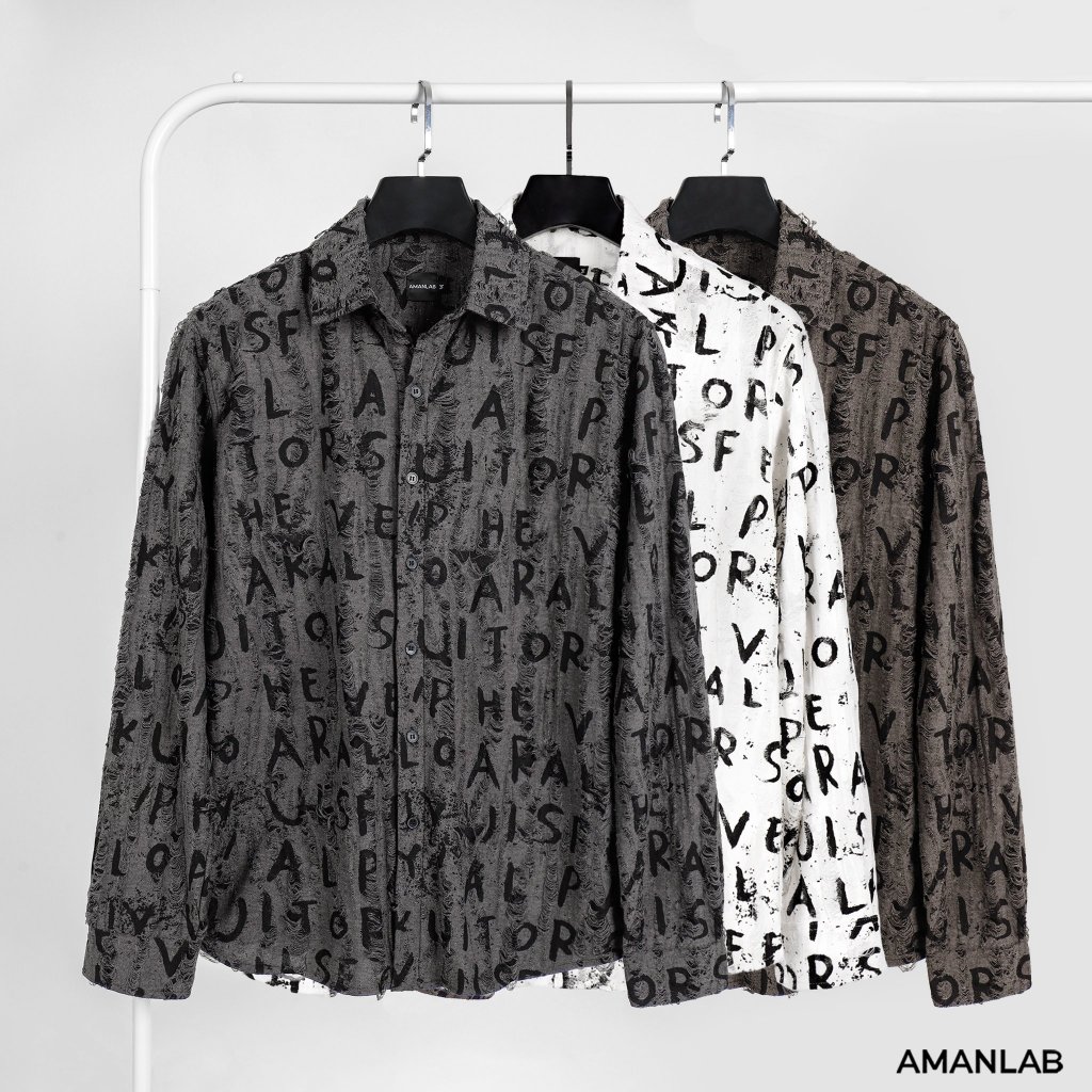Áo sơ mi nam dài tay vải cotton co giãn wash rách, họa tiết chử Long Alphabet AMANLAB