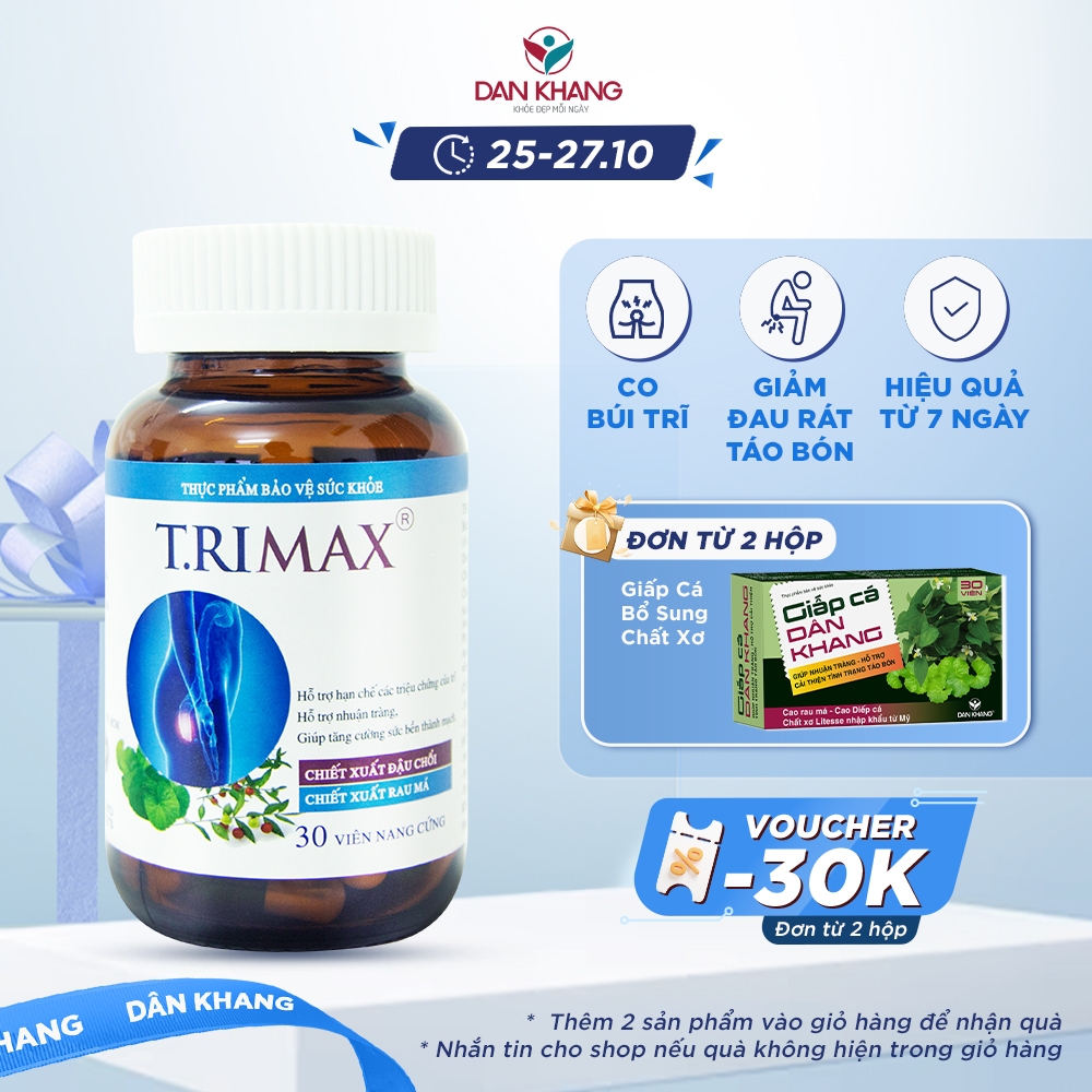 Viên Uống Hỗ Trợ Co Thắt Búi Trĩ Giảm Sưng Đau Do Trĩ Trimax Dan Khang - Hộp 30 viên