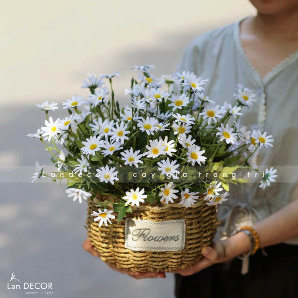 Hoa giả để bàn - Hoa cúc giả trang trí phòng, decor bàn làm việc, phong cách đồng nội đẹp tự nhiên lãng mạn Lan Decor
