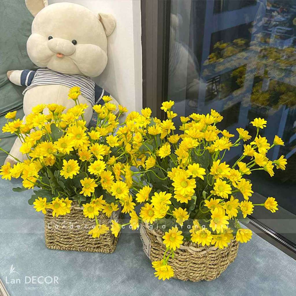 Hoa giả để bàn - Hoa cúc giả trang trí phòng, decor bàn làm việc, phong cách đồng nội đẹp tự nhiên lãng mạn Lan Decor
