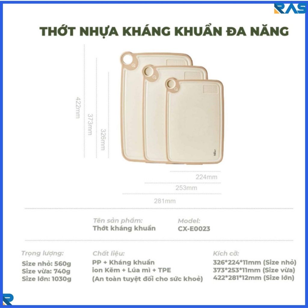 Thớt Bear chất liệu nhựa PP cao cấp kháng khuẩn sợi lúa mỳ an toàn CX-E0023 thiết kế tinh tế chống trượt