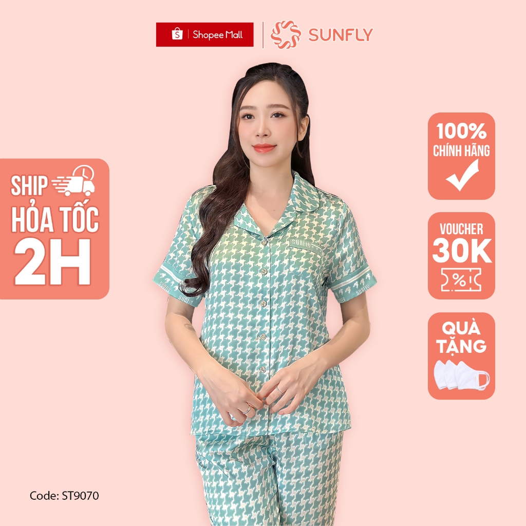 Đồ bộ mặc nhà nữ SUNFLY, chất lụa trơn áo cộc tay quần dài ST8984 - ST9070