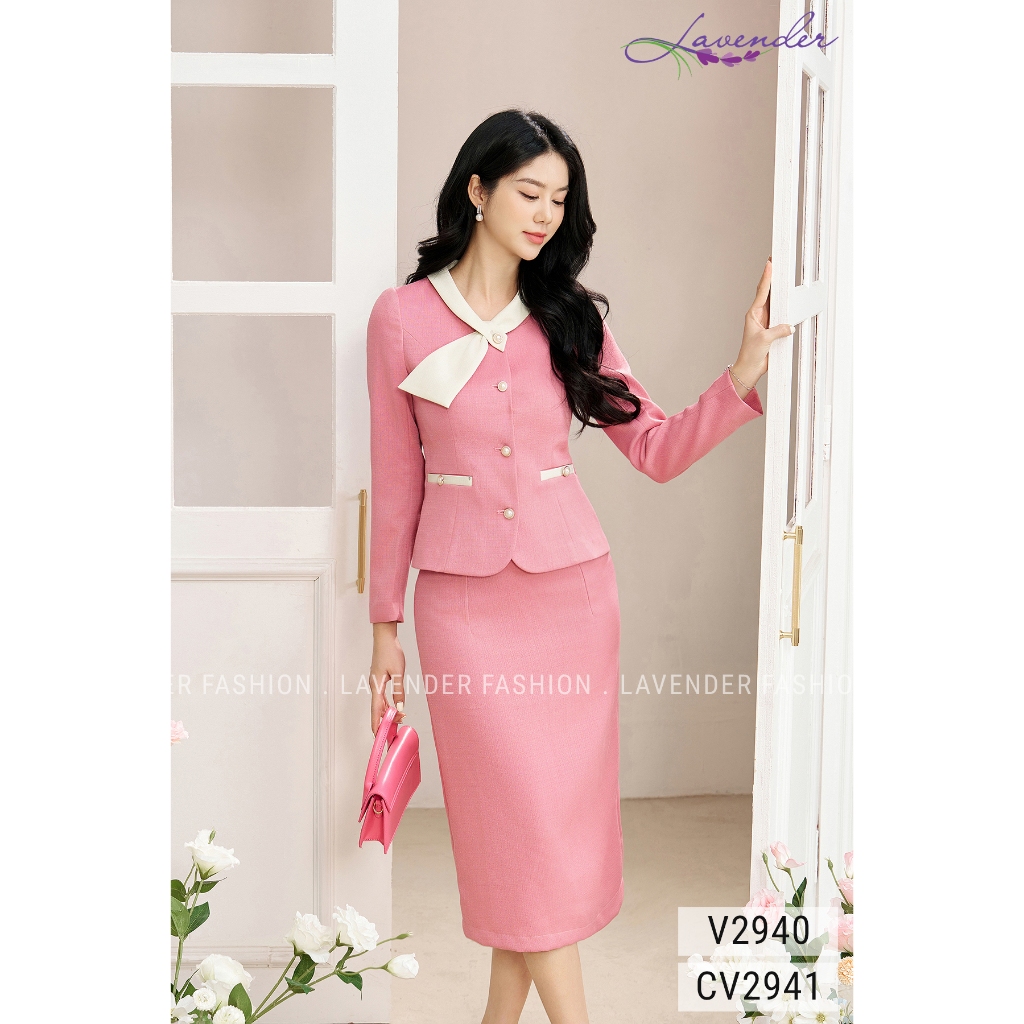 Áo dạ tweed công sở thiết kế cao cấp LAVENDER FASHION màu hồng cổ nơ lệch V2940