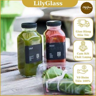 Chai Thủy Tinh Đựng Nước 350ml ~ 500ml Dáng Vuông Cao Đựng Sữa, Nước Ép, Detox, Cafe, Sinh Tố - Tặng Kèm Sticker Kute