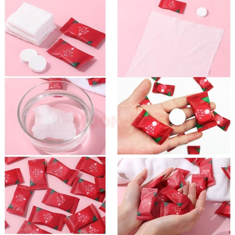 Gói 50 Khăn giấy nén rửa mặt dạng viên kẹo hàn quốc, khăn nén ướt dạng viên