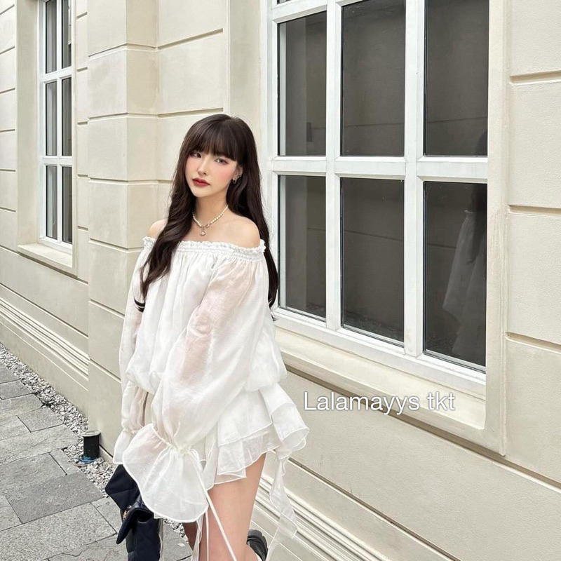 Đầm trễ vai dây cổ tay loe hàng thiết kế
