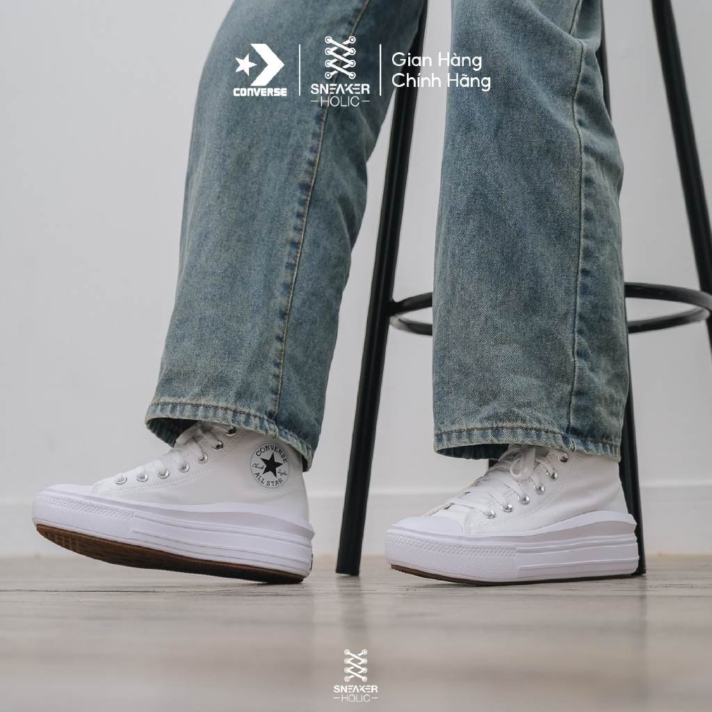 Giày Sneaker Nam Nữ CONVERSE Chuck Taylor All Star Move High White -568498C -Cổ Cao Trắng, Thời Trang Unisex, Chính Hãng