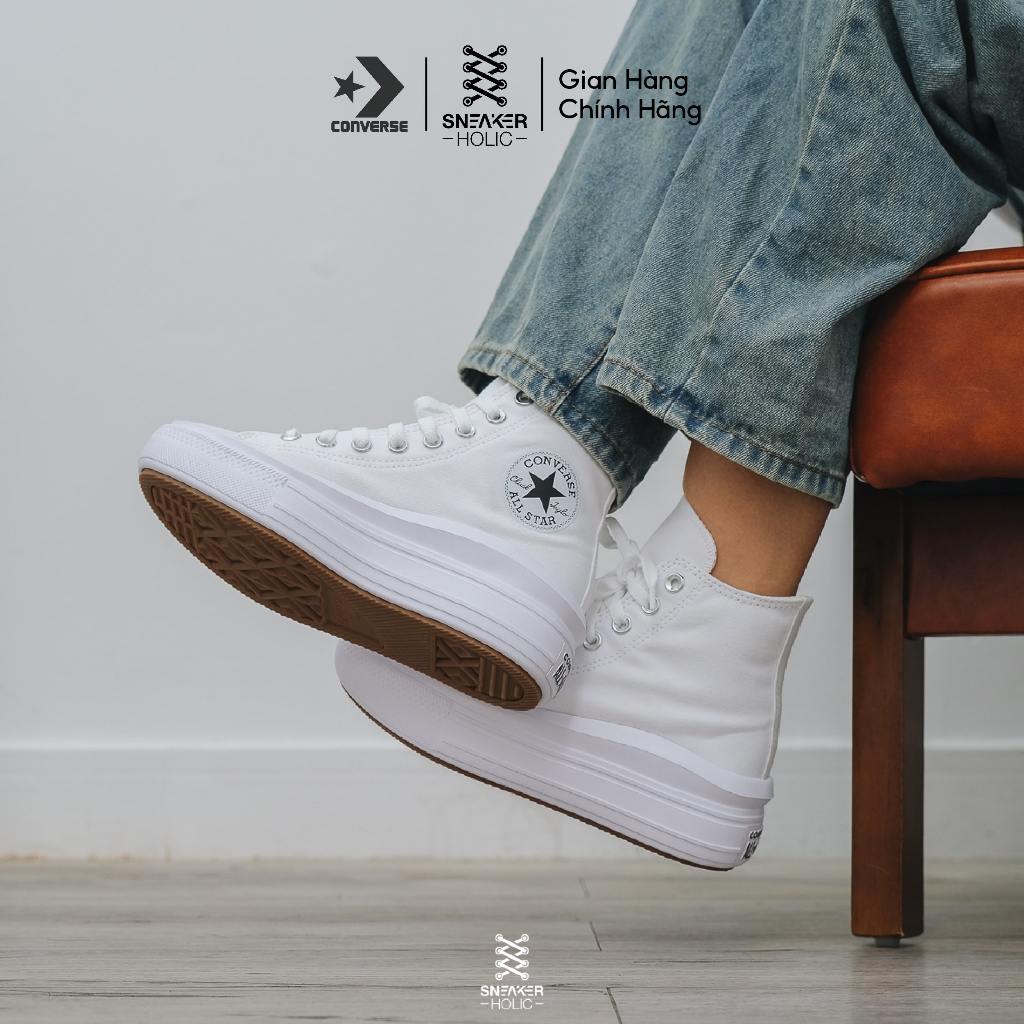 Giày Sneaker Nam Nữ CONVERSE Chuck Taylor All Star Move High White -568498C -Cổ Cao Trắng, Thời Trang Unisex, Chính Hãng