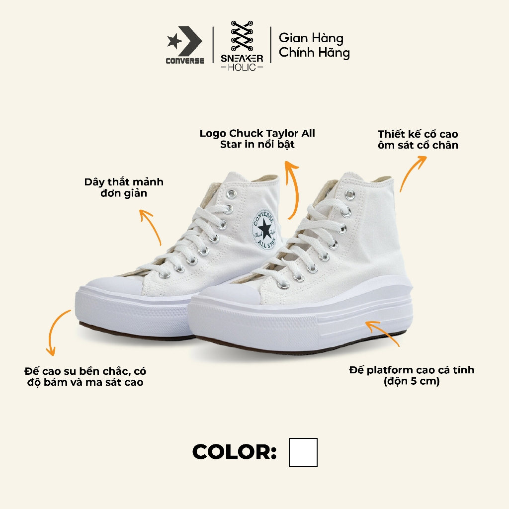 Giày Sneaker Nam Nữ CONVERSE Chuck Taylor All Star Move High White -568498C -Cổ Cao Trắng, Thời Trang Unisex, Chính Hãng