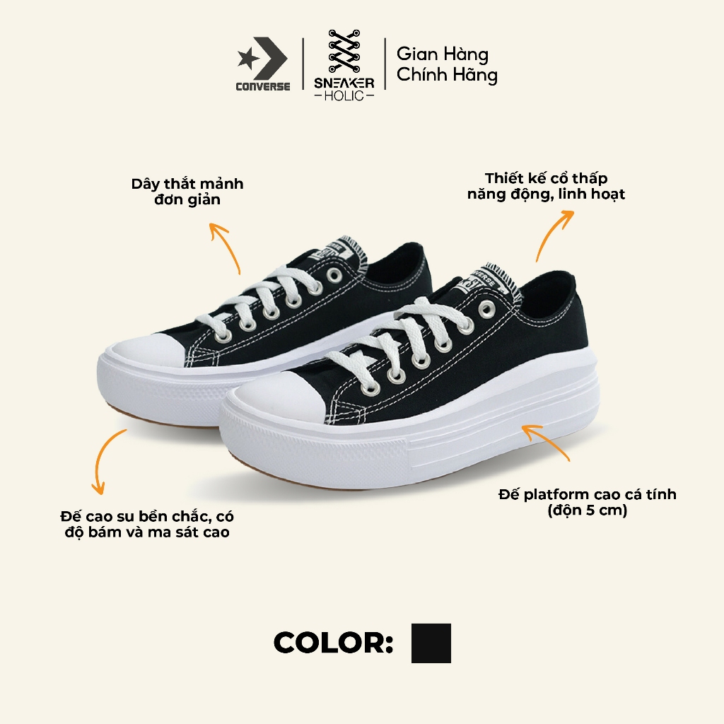 Giày Sneaker Nam Nữ CONVERSE Chuck Taylor All Star Move Low Black - 570256C - Cổ Thấp Đen, Thời Trang Unisex, Chính Hãng