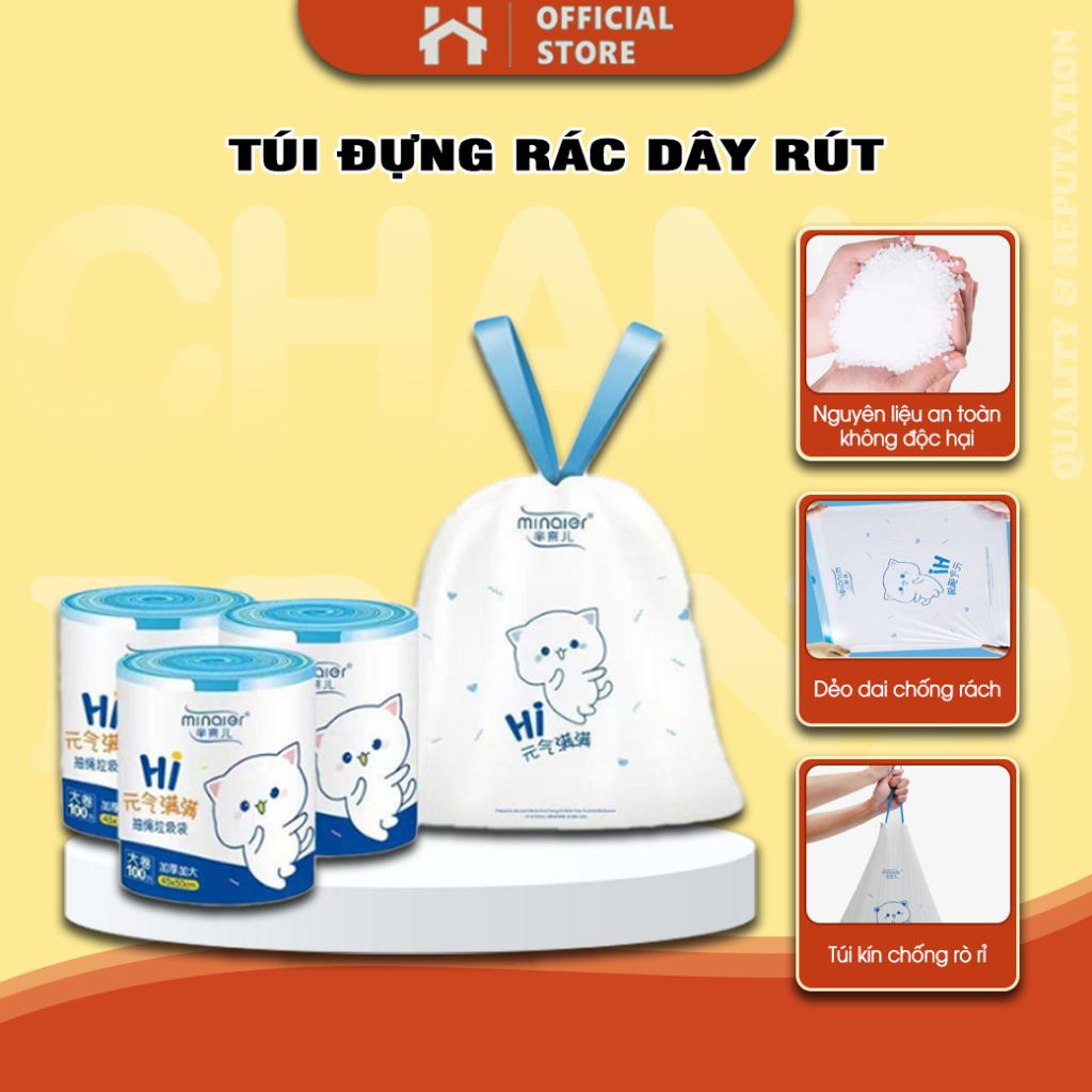 Túi Đựng Rác Dây Rút Minaier Chống Rò Rỉ Nước, Cuộn 100 Túi Rác Có Dây Rút Không Sợ Bẩn Tay Siêu Dai Kích Thước 45x50Cm
