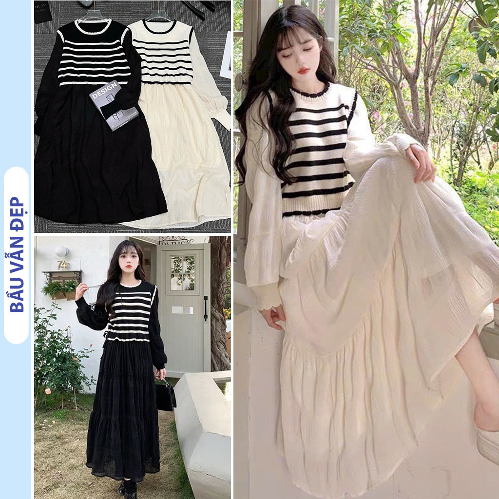 ĐẦM VÁY BẦU DỰ TIỆC TIỂU THƯ THU ĐÔNG DÀI TAY GỒM ÁO LEN VÀ VÁY VOAN LIỀN THÂN MẶC TRƯỚC VÀ SAU XINH FREESIZE