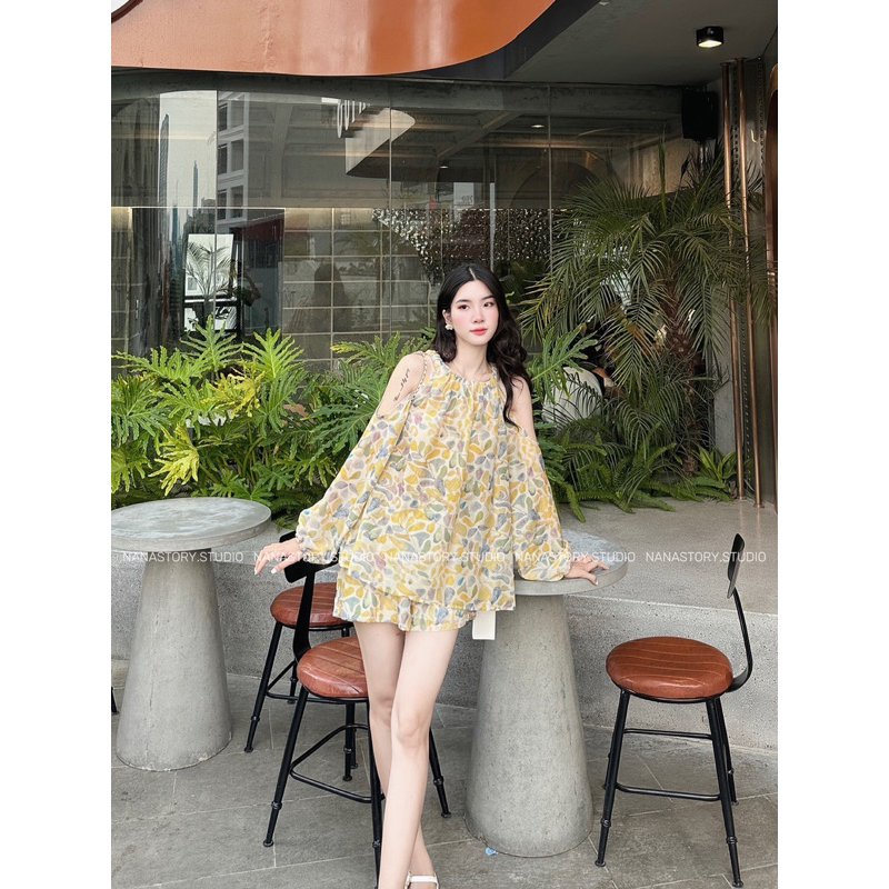 Set Áo Hở Vai Lá Vàng Mùa Thu Xinh Kèm Quần Đùi (Hàng QC L1 ảnh thật chính chủ)