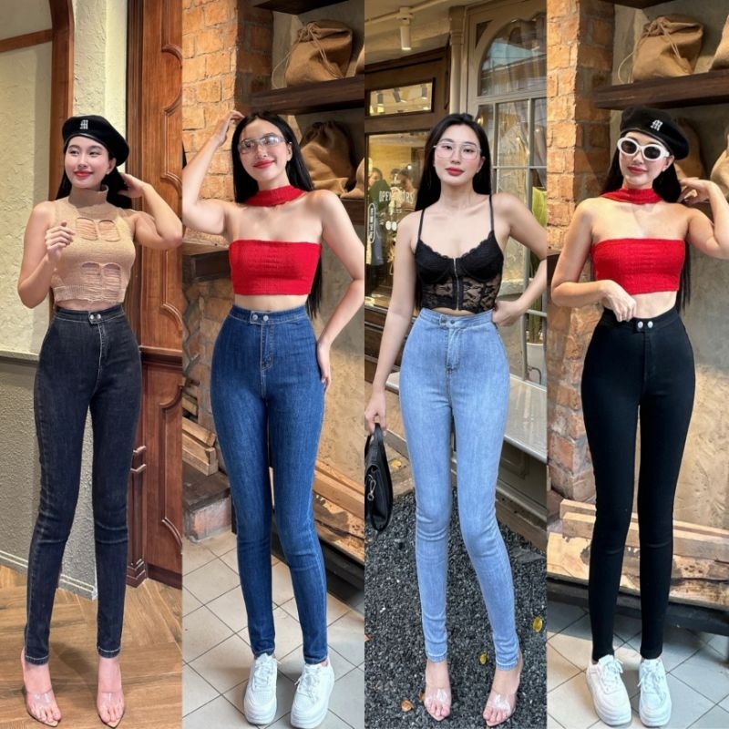 Quần Jeans Nữ Skinny Dáng Ôm Lưng Siêu Cao Có Giãn 2 Nút Bấm Không Túi Trước