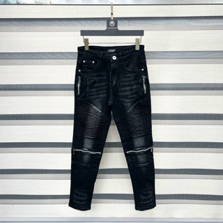 Quần JEAN BATMAN Nam Đen Khoá Phối Đùi Vải Nhăn Đùi Quần Bò Nhăn Phong Cách Boy Phố