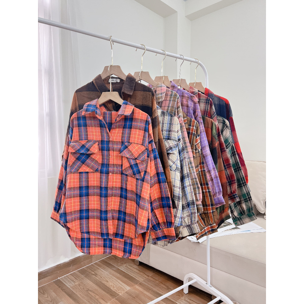 Áo Sơ Mi Caro Nỉ Bông 2 Túi Form Vừa Dành Cho Nữ, Sơ Mi Kẻ Caro Tay Dài Phồng Vạt Bầu Tông Màu Năng Động SUBICI