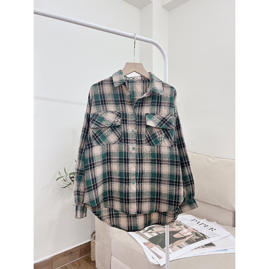 Áo Sơ Mi Caro Nỉ Bông 2 Túi Form Vừa Dành Cho Nữ, Sơ Mi Kẻ Caro Tay Dài Phồng Vạt Bầu Tông Màu Năng Động SUBICI