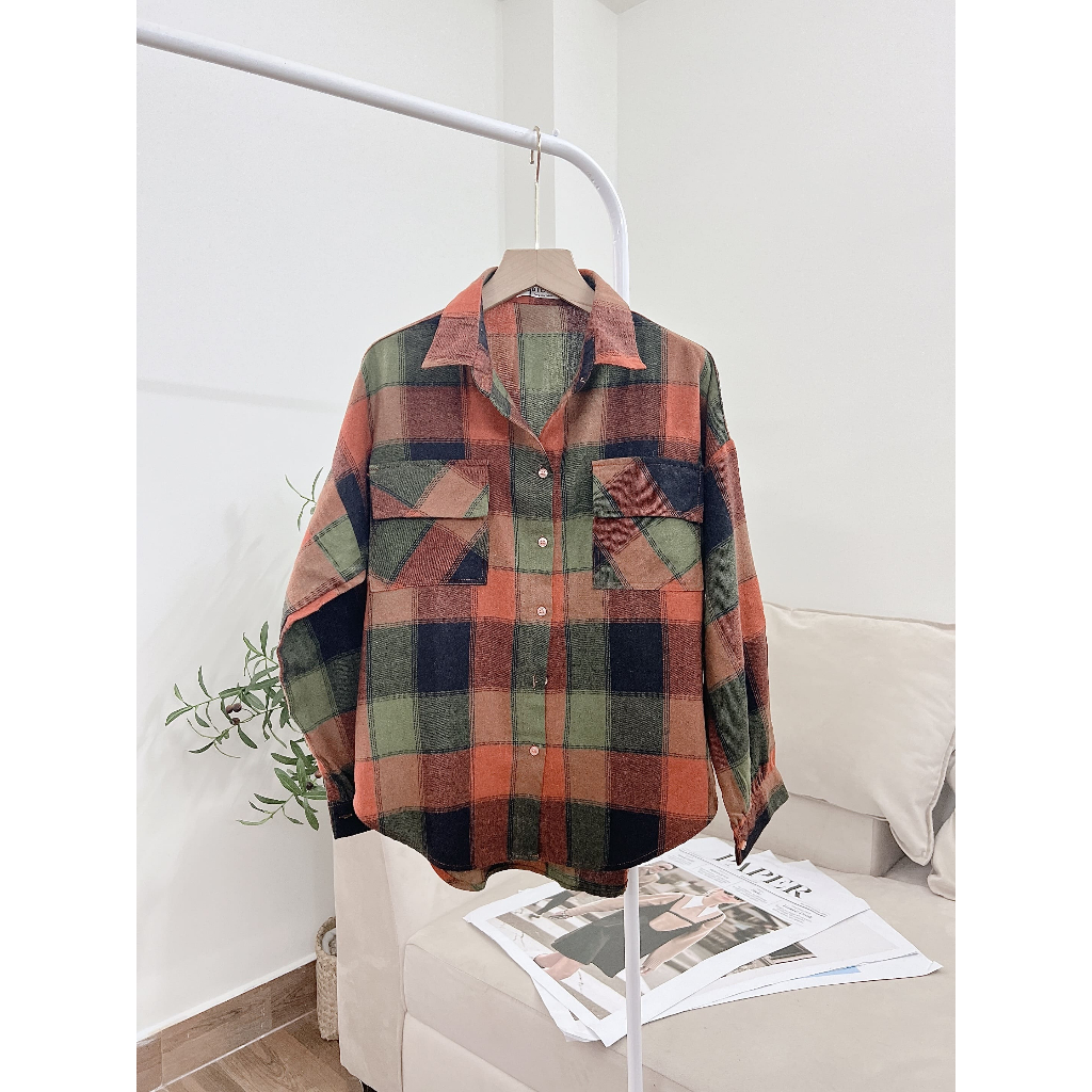 Áo Sơ Mi Caro Nỉ Bông 2 Túi Form Vừa Dành Cho Nữ, Sơ Mi Kẻ Caro Tay Dài Phồng Vạt Bầu Tông Màu Năng Động SUBICI