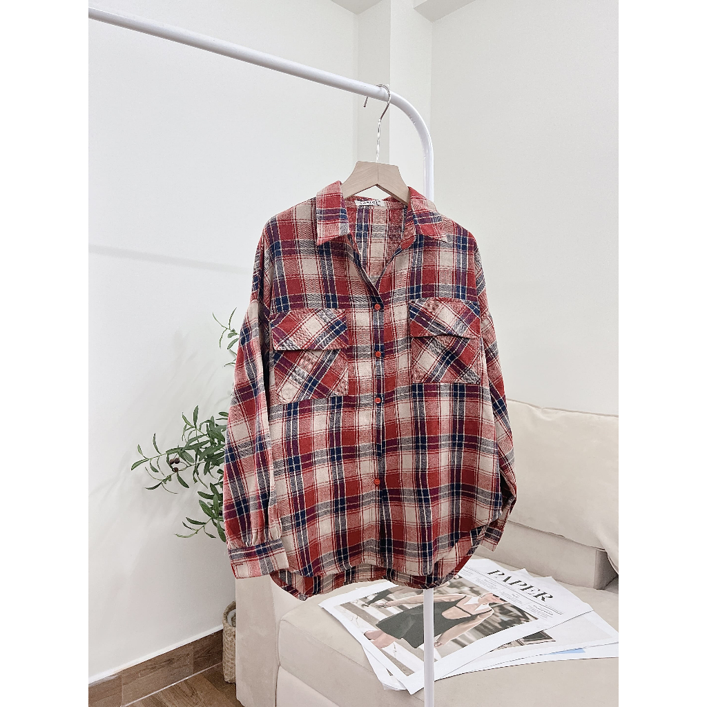 Áo Sơ Mi Caro Nỉ Bông 2 Túi Form Vừa Dành Cho Nữ, Sơ Mi Kẻ Caro Tay Dài Phồng Vạt Bầu Tông Màu Năng Động SUBICI