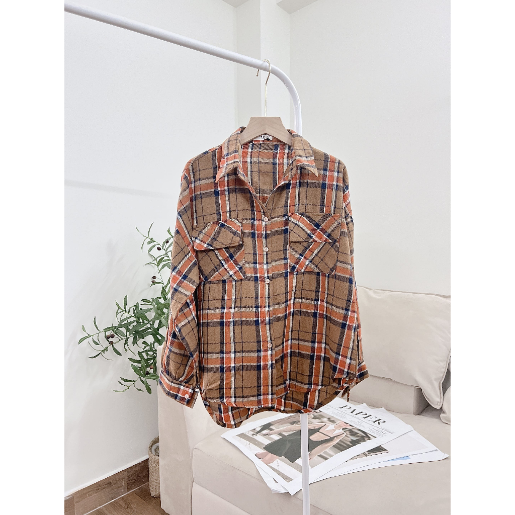 Áo Sơ Mi Caro Nỉ Bông 2 Túi Form Vừa Dành Cho Nữ, Sơ Mi Kẻ Caro Tay Dài Phồng Vạt Bầu Tông Màu Năng Động SUBICI