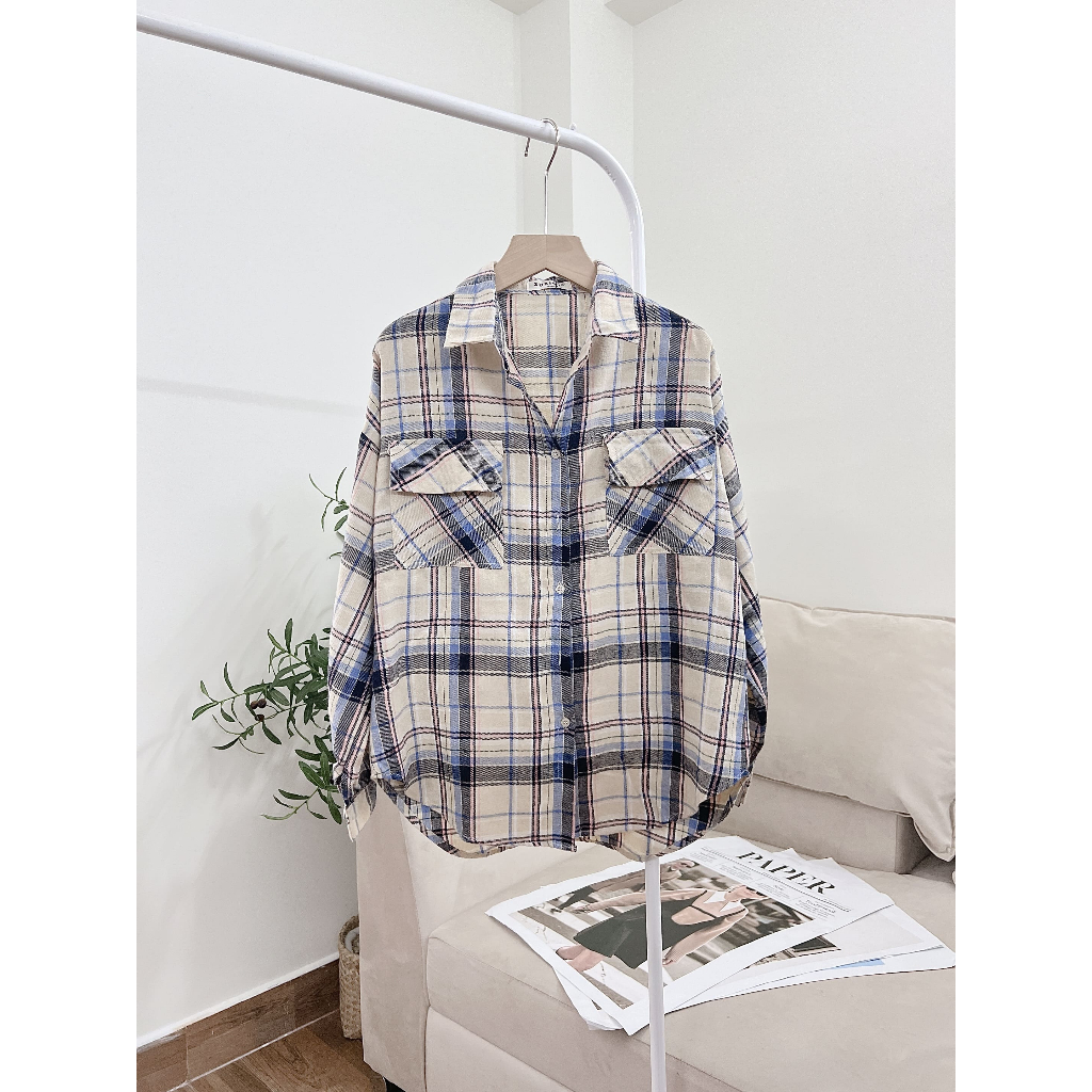 Áo Sơ Mi Caro Nỉ Bông 2 Túi Form Vừa Dành Cho Nữ, Sơ Mi Kẻ Caro Tay Dài Phồng Vạt Bầu Tông Màu Năng Động SUBICI