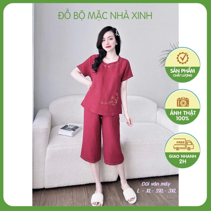 Set bộ đẹp ở nhà chất mềm nhẹ không nhăn ,hoa thêu thiệt