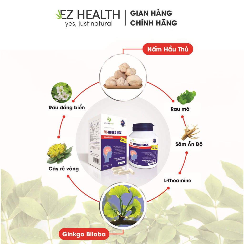 Viên uống bổ não Everyday Health NZ - NEURO MAX tăng cường tuần hoàn não cải thiện trí lực và thị lực hộp 60 viên