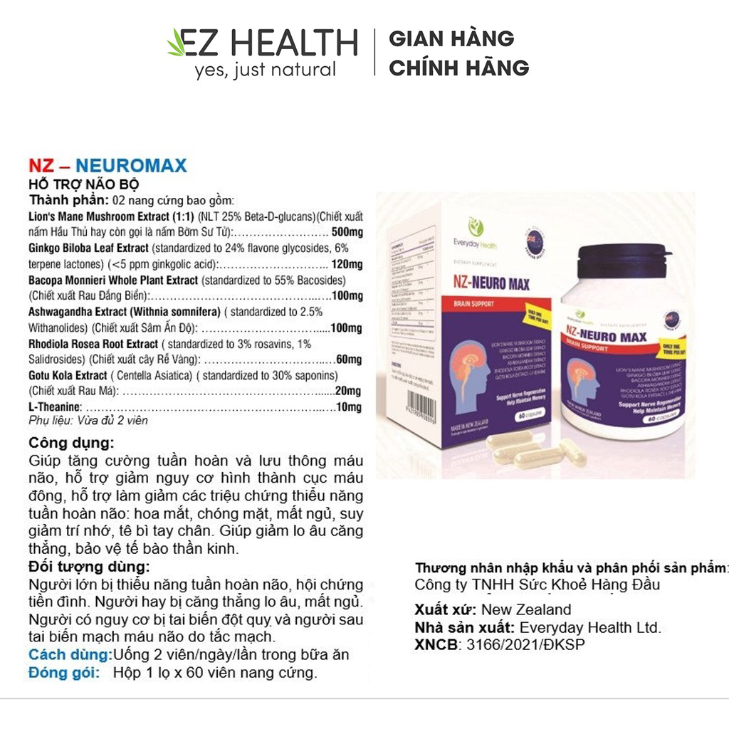 Viên uống bổ não Everyday Health NZ - NEURO MAX tăng cường tuần hoàn não cải thiện trí lực và thị lực hộp 60 viên