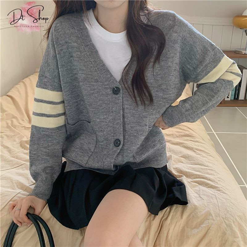 Áo khoác len cardigan tay phối sọc Thome, Áo khoác ngoài nữ dày dặn