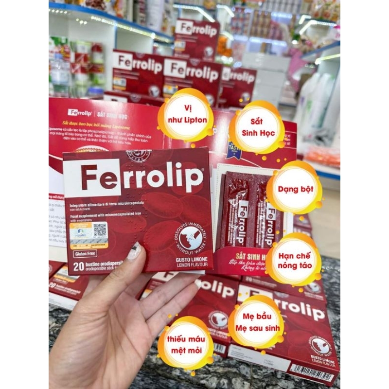 Sắt sinh học Ferrolip hộp 20 gói bổ sung sắt cho mẹ bầu,mẹ sau sinh và cho con bú, dễ uống, dễ hấp thu